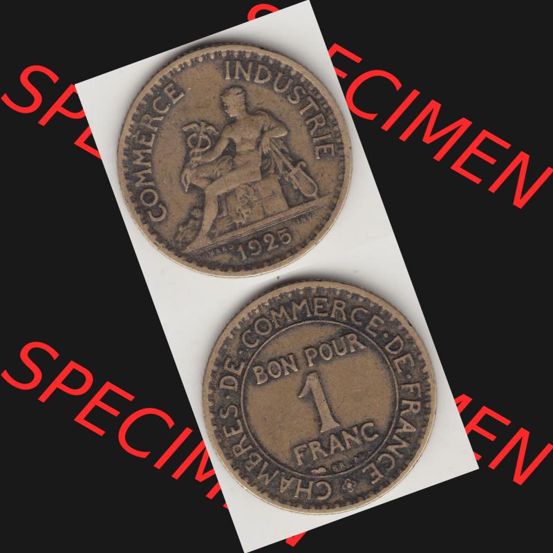 Münzen Frankreich Umlaufmünze 1920-1927, 1 Franken BON POUR 1 FRANC 1925. Vorderseite und Rückseite vertikal auf einen digitalen Bild der alten französischen Umlaufmünze... Sammlung