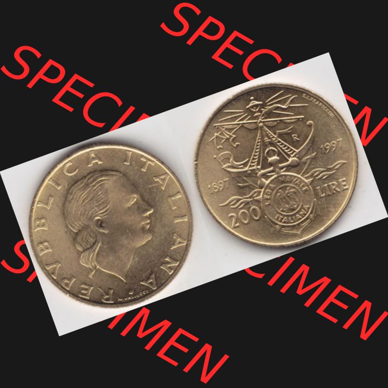 Bildmaterial von Münzen aus Italien / Italia Gedenkmünzen 1997-1997, 200 Lire Italienische Meeresliga. Vorderseite und Rückseite horizontal auf einen digitalen Bild einer... Sammlung