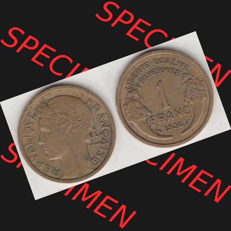 Münzen Frankreich Umlaufmünze 1931-1941, 1 Franken, 1 Franc, 1936-1 LIBERTE EGALITE FRATERNITE. Vorderseite und Rückseite horizontal auf einen digitalen Bild der... Sammlung