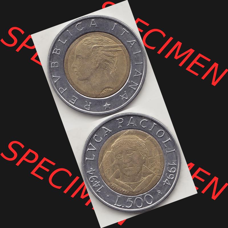 Bildmaterial von Münzen aus Italien / Italia Gedenkmünzen 1994-1994, 500 Lire, 500. Geburtstag von Luca Pacioli (1494-1994)-2. Vorderseite und Rückseite... Sammlung