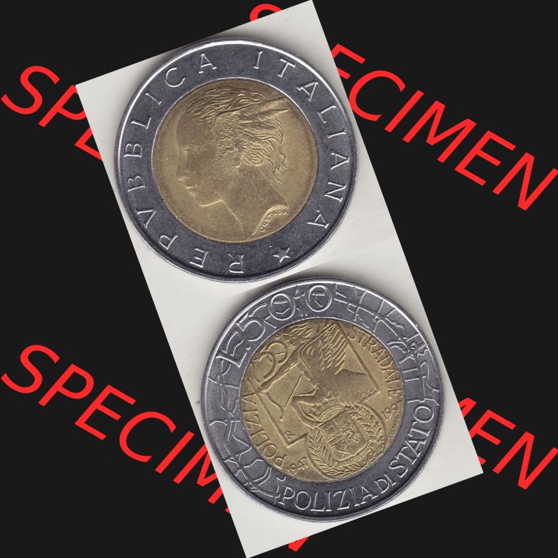 Bildmaterial von Münzen aus Italien / Italia Gedenkmünzen 1997-1997, 500 Lire, 50 Jahre Staatspolizei (1947-1997), POLIZIA DI STATO POLIZIA STRADALE R-2.... Sammlung
