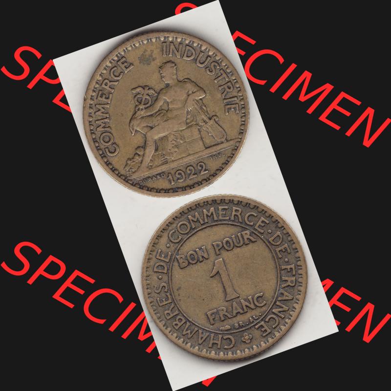 Münzen Frankreich Umlaufmünze 1922-1927, 1 Franken, BON POUR One Franc, 1922-1 CHAMBRES DE COMMERCE DE FRANCE. Vorderseite und Rückseite vertikal auf einen digitalen... Sammlung
