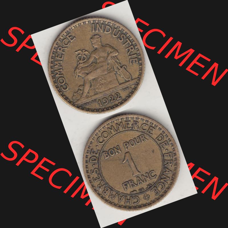 Münzen Frankreich Umlaufmünze 1922-1927, 1 Franken, BON POUR One Franc, 1922-2 CHAMBRES DE COMMERCE DE FRANCE. Vorderseite und Rückseite vertikal auf einen digitalen... Sammlung
