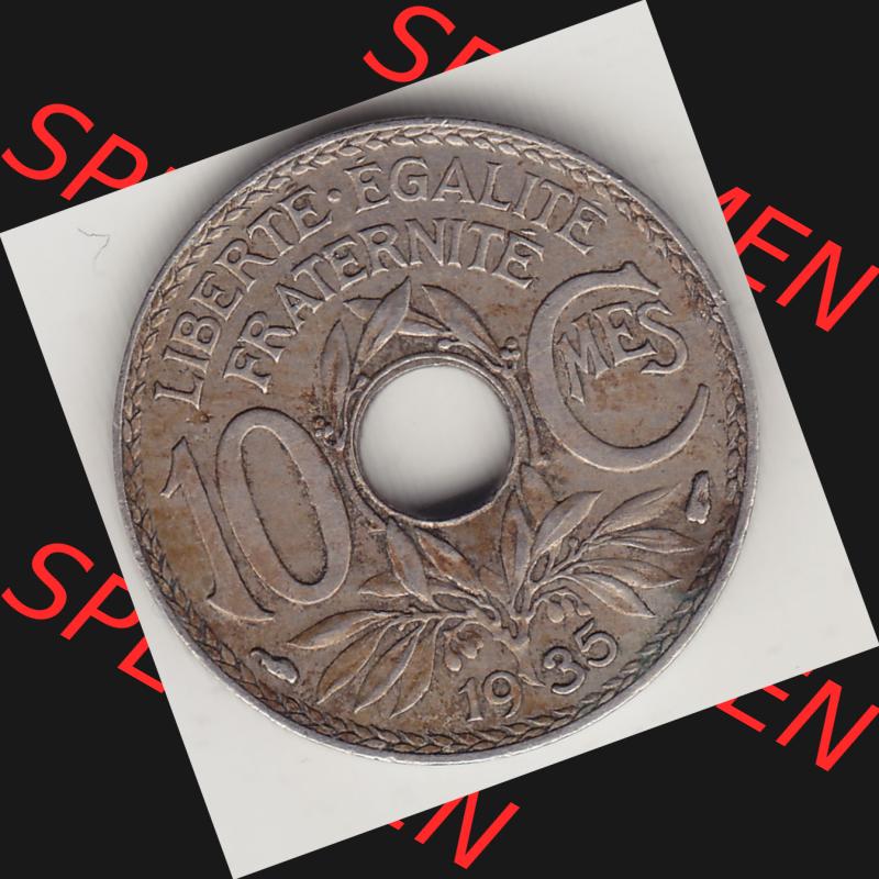 Münzen Frankreich Umlaufmünze 1917-1938, 10 Centimes - Cmes 1935-1. Rückseite der alten französischen Umlaufmünze 10 Cmes - Centimes - Cent aus Frankreich in der Francs-Währung... Sammlung
