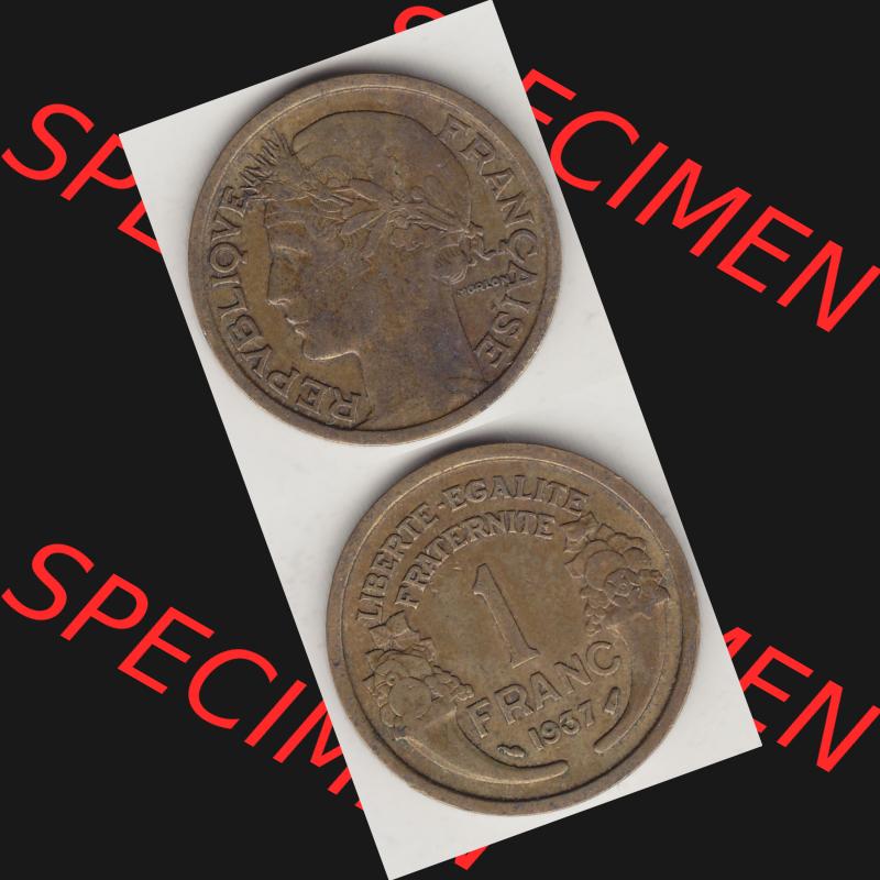 Münzen Frankreich Umlaufmünze 1931-1941, 1 Franken, 1 Franc, 1937-1 LIBERTE EGALITE FRATERNITE. Vorderseite und Rückseite vertikal auf einen digitalen Bild der alten... Sammlung