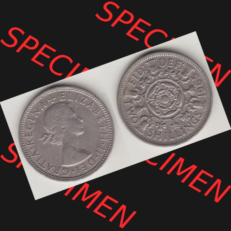 Münzen Großbritannien Umlaufmünze 1954-1970, 2 Schilling - Shillings 1965-1. Vorderseite und Rückseite horizontal auf einen digitalen Bild der alten britischen Münze... Sammlung