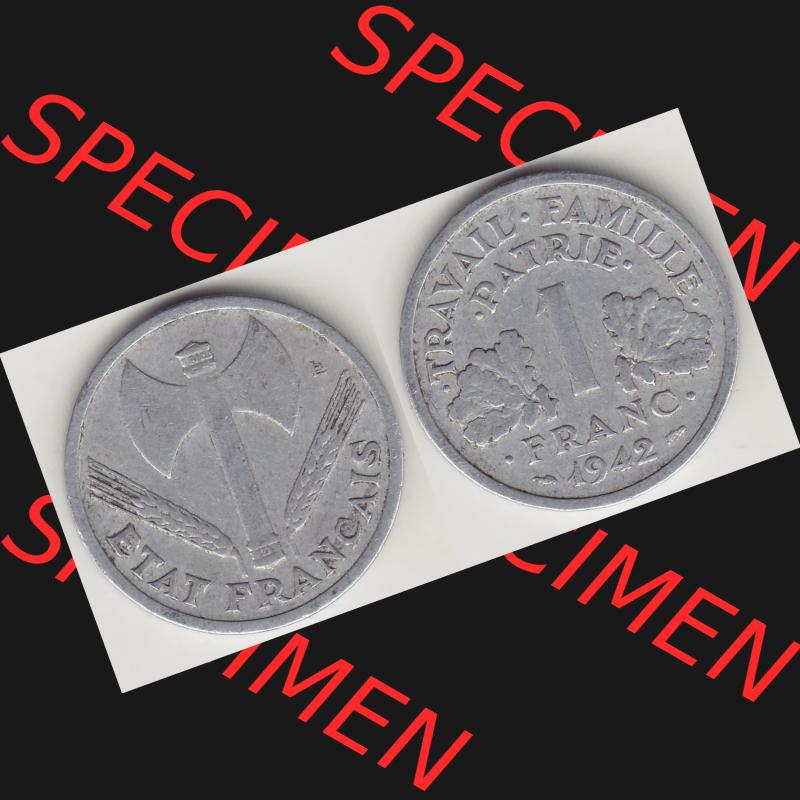 Münzen Frankreich Umlaufmünze 1942-1944, 1 Franken - Francs 1942-1. Vorderseite und Rückseite horizontal auf einen digitalen Bild der alten französischen Umlaufmünze... Sammlung