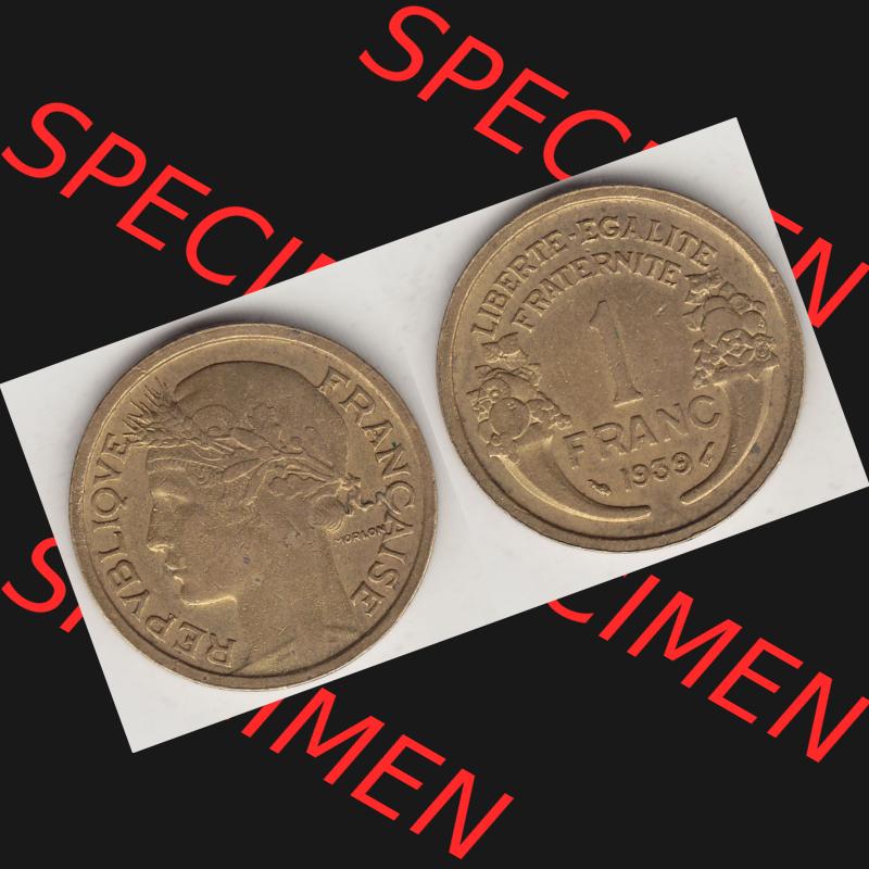 Münzen Frankreich Umlaufmünze 1931-1941, 1 Franken, 1 Franc, 1939-1 LIBERTE EGALITE FRATERNITE. Vorderseite und Rückseite horizontal auf einen digitalen Bild der... Sammlung