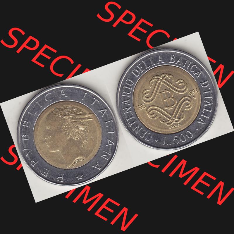 Bildmaterial von Münzen aus Italien / Italia Gedenkmünzen 1993-1993, 500 Lire, 100 Jahre Bank von Italien (1893-1993), CENTENARIO DELLA BANCA DITALIA GROSSI.... Sammlung