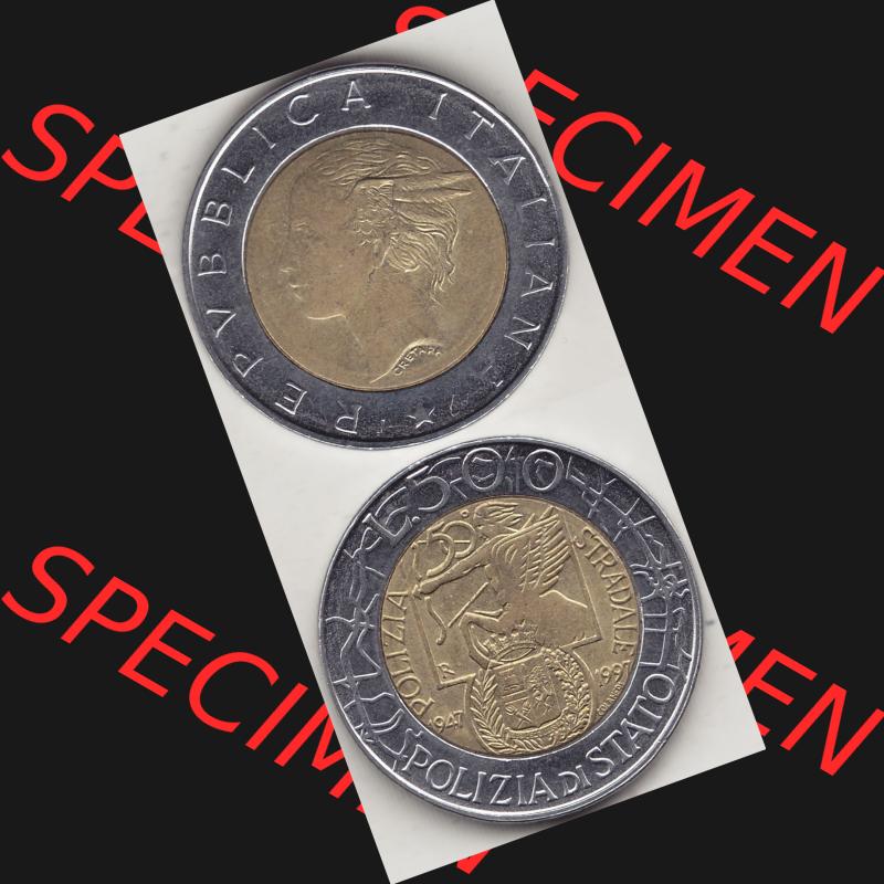 Bildmaterial von Münzen aus Italien / Italia Gedenkmünzen 1997-1997, 500 Lire, 50 Jahre Staatspolizei (1947-1997), POLIZIA DI STATO POLIZIA STRADALE R.... Sammlung