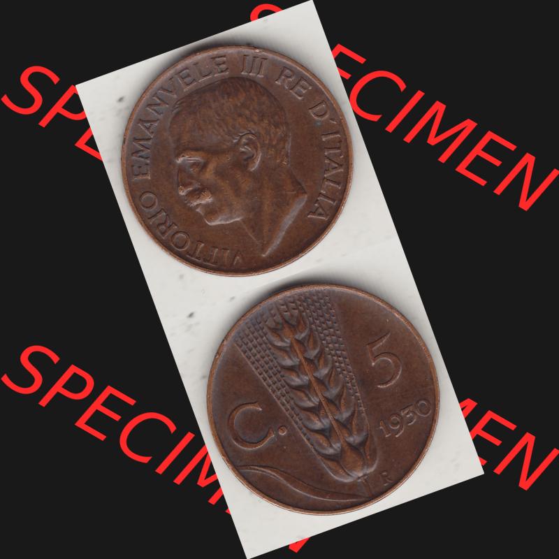 Alte Münzen KMS Italien / Italia, Kursmünzensatz - Zusammenstellung 1908-1943, mit Münze 1919-1937, 5 Centesimi, Cent, Viktor Emanuel III. A.... Sammlung
