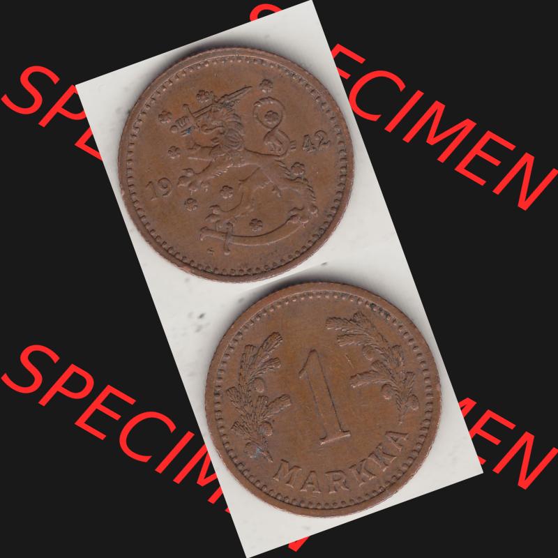 Alte Münzen KMS Finnland, Kursmünzensatz 1940-1951, 1 finnische Mark, Markka, Kupfer 1942-1. Digitales Bild / Bildmaterial für IPhone und Mobil-Geräte... Sammlung