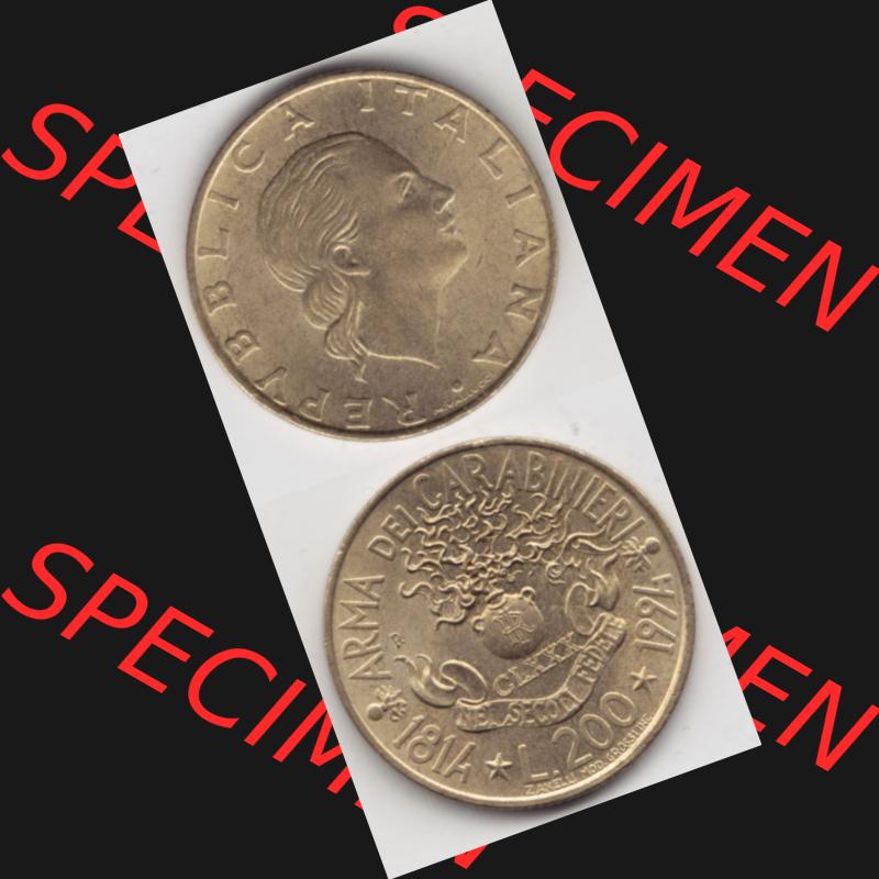 Bildmaterial von Münzen aus Italien / Italia Gedenkmünzen 1994-1994, 200 Lire 180 Jahre Carabinieri. Vorderseite und Rückseite vertikal untereinander auf einen digitalen... Sammlung