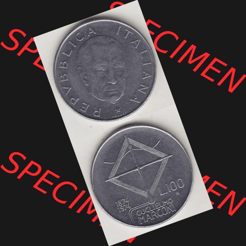 Bildmaterial von Münzen aus Italien / Italia Gedenkmünzen 1974-1974, 100 Lire, 100. Geburtstag von Guglielmo Marconi (1874-1974)-1. Vorderseite und Rückseite... Sammlung