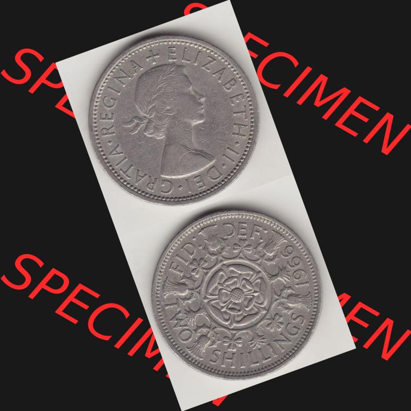 Münzen Großbritannien Umlaufmünze 1954-1970, 2 Schilling - Shillings 1966-6. Vorderseite und Rückseite vertikal untereinander auf einen digitalen Bild der alten britischen... Sammlung