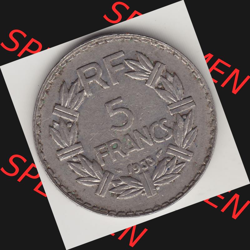 Münzen Frankreich Umlaufmünze 1933-1938, 5 Franken - Francs RF 1933. Rückseite der alten französischen Umlaufmünze aus Frankreich in der Francs-Währung zum katalogisieren... Sammlung