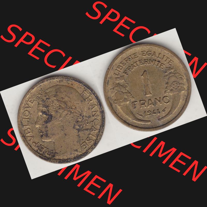 Münzen Frankreich Umlaufmünze 1931-1941, 1 Franken, 1 Franc, 1941-1 LIBERTE EGALITE FRATERNITE. Vorderseite und Rückseite horizontal auf einen digitalen Bild der... Sammlung