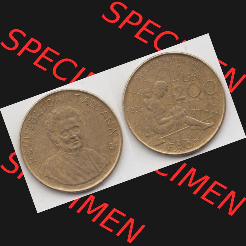 Bildmaterial von Münzen aus Italien / Italia Gedenkmünzen 1980-1980, 200 Lire FAO - Internationales Jahr der Frau. Vorderseite und Rückseite horizontal auf einen digitalen... Sammlung