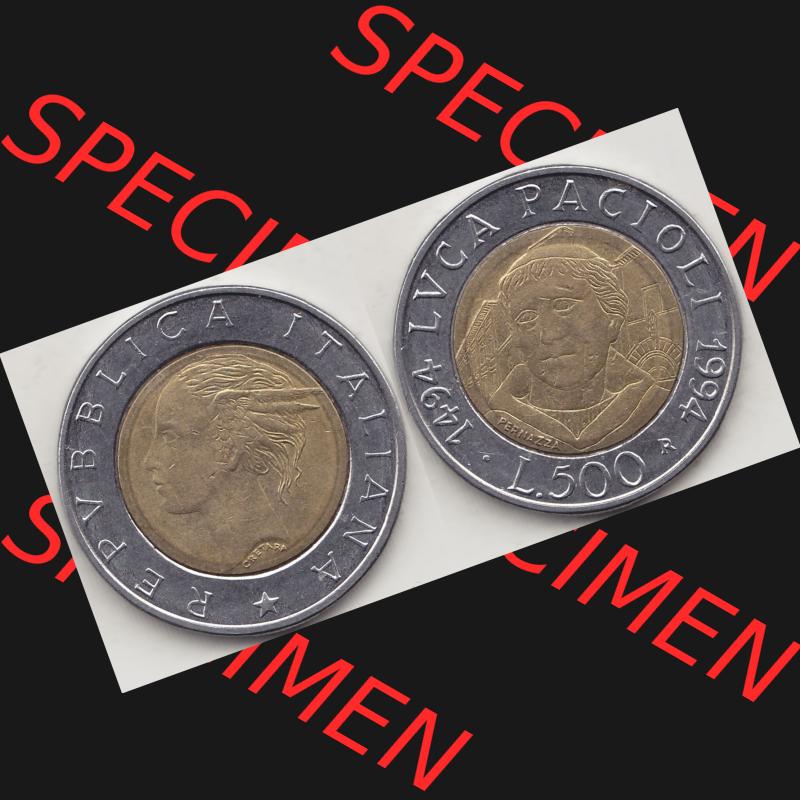 Bildmaterial von Münzen aus Italien / Italia Gedenkmünzen 1994-1994, 500 Lire, 500. Geburtstag von Luca Pacioli (1494-1994)-2. Vorderseite und Rückseite... Sammlung