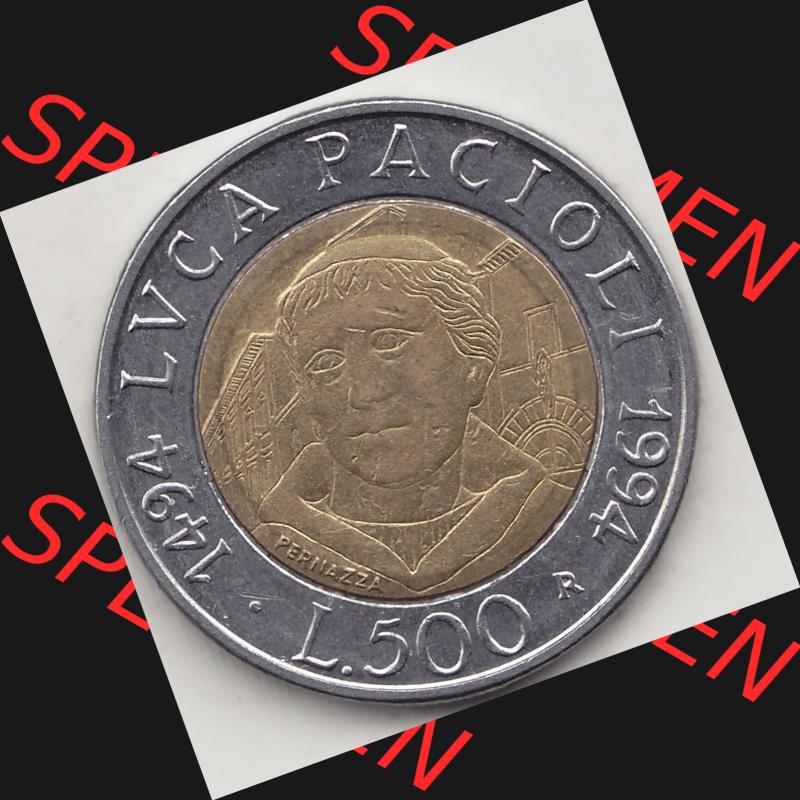 Bildmaterial von Münzen aus Italien / Italia Gedenkmünzen 1994-1994, 500 Lire, 500. Geburtstag von Luca Pacioli (1494-1994)-2. Rückseite einer alten... Sammlung