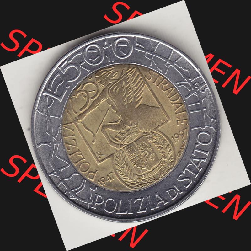 Bildmaterial von Münzen aus Italien / Italia Gedenkmünzen 1997-1997, 500 Lire, 50 Jahre Staatspolizei (1947-1997), POLIZIA DI STATO POLIZIA STRADALE R-2.... Sammlung