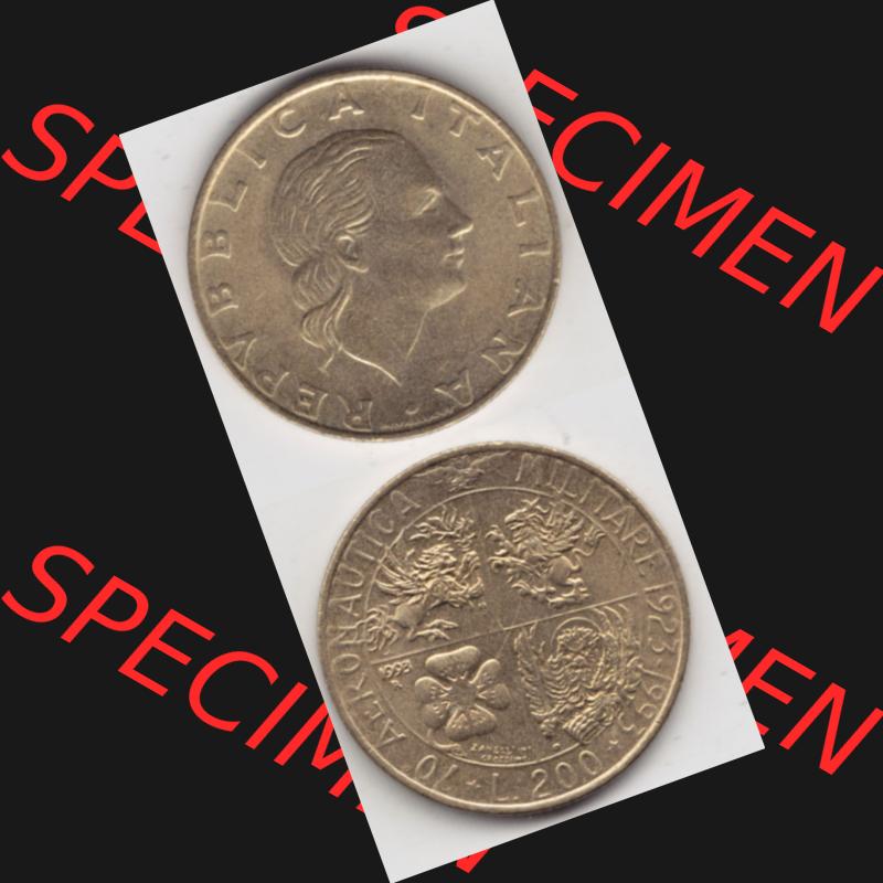 Bildmaterial von Münzen aus Italien / Italia Gedenkmünzen 1993-1993, 200 Lire Militärischen Luftfahrt. Vorderseite und Rückseite vertikal untereinander auf einen digitalen... Sammlung