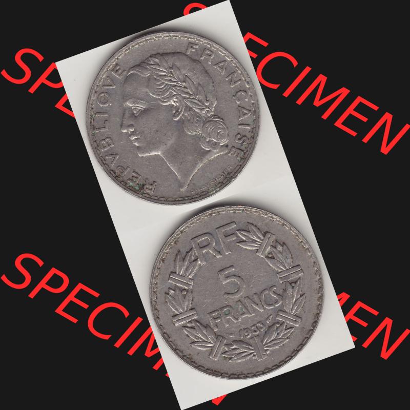 Münzen Frankreich Umlaufmünze 1933-1938, 5 Franken - Francs RF 1933. Vorderseite und Rückseite vertikal auf einen digitalen Bild der alten französischen Umlaufmünze... Sammlung
