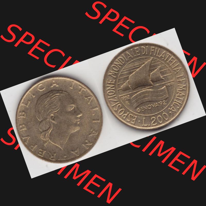 Bildmaterial von Münzen aus Italien / Italia Gedenkmünzen 1992-1992, 200 Lire Briefmarkenausstellung in Genua. Vorderseite und Rückseite horizontal auf einen digitalen Bild... Sammlung
