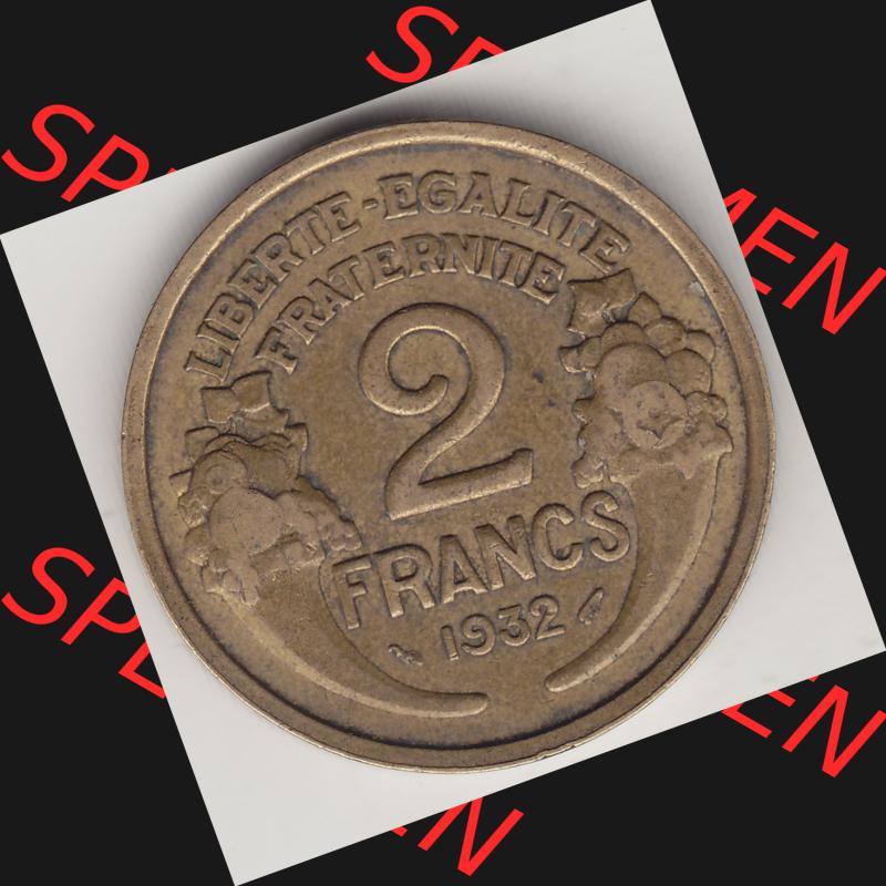 Münzen Frankreich Umlaufmünze 1931-1941, 2 Franken 1932-2 LIBERTE EGALITE FRATERNITE. Rückseite der alten französischen Umlaufmünze aus Frankreich in der Francs-Währung... Sammlung