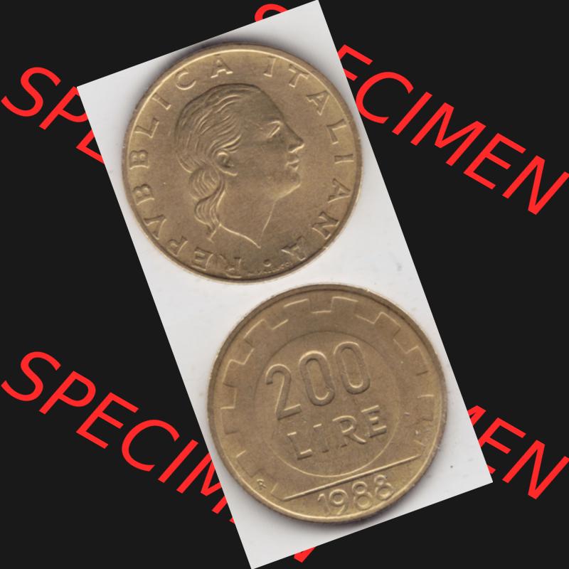 Bildmaterial von Münzen aus Italien / Italia Gedenkmünzen 1977-2001, 200 Lire, Zahnrad. Vorderseite und Rückseite vertikal untereinander auf einen digitalen Bild einer... Sammlung