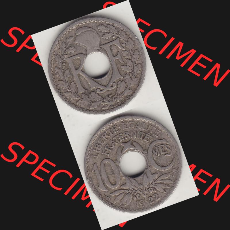 Münzen Frankreich Umlaufmünze Vollansicht 1917-1938, 10 Centimes, 10 CMES EGALITÉ FRATERNITÉ LIBERTÉ 1922-1. Vertikales beidseitiges Bildmaterial der Vorderseite... Sammlung