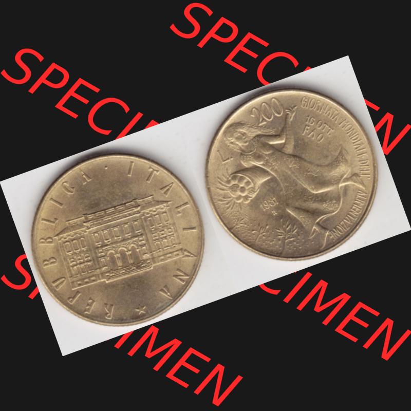 Bildmaterial von Münzen aus Italien / Italia Gedenkmünzen 1981-1981, 200 Lire FAO - Welternährungstag. Vorderseite und Rückseite horizontal auf einen digitalen Bild... Sammlung