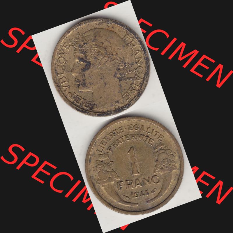 Münzen Frankreich Umlaufmünze 1931-1941, 1 Franken, 1 Franc, 1941-1 LIBERTE EGALITE FRATERNITE. Vorderseite und Rückseite vertikal auf einen digitalen Bild der alten... Sammlung