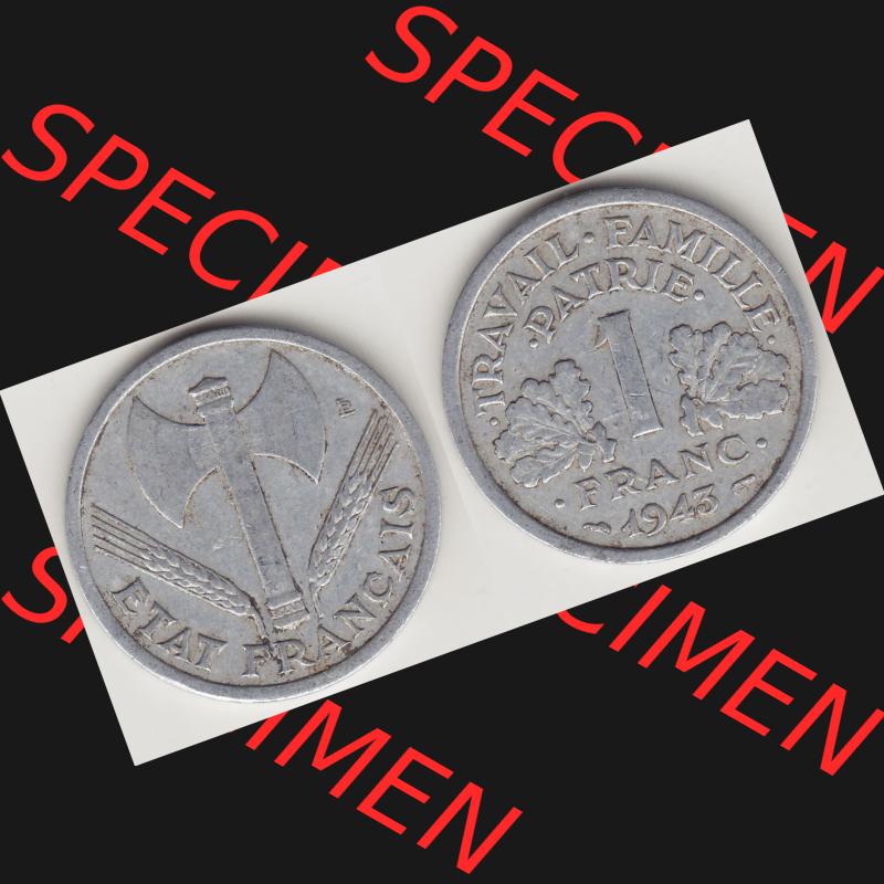 Münzen Frankreich Umlaufmünze 1942-1944, 1 Franken - Francs 1943-2. Vorderseite und Rückseite horizontal auf einen digitalen Bild der alten französischen Umlaufmünze... Sammlung
