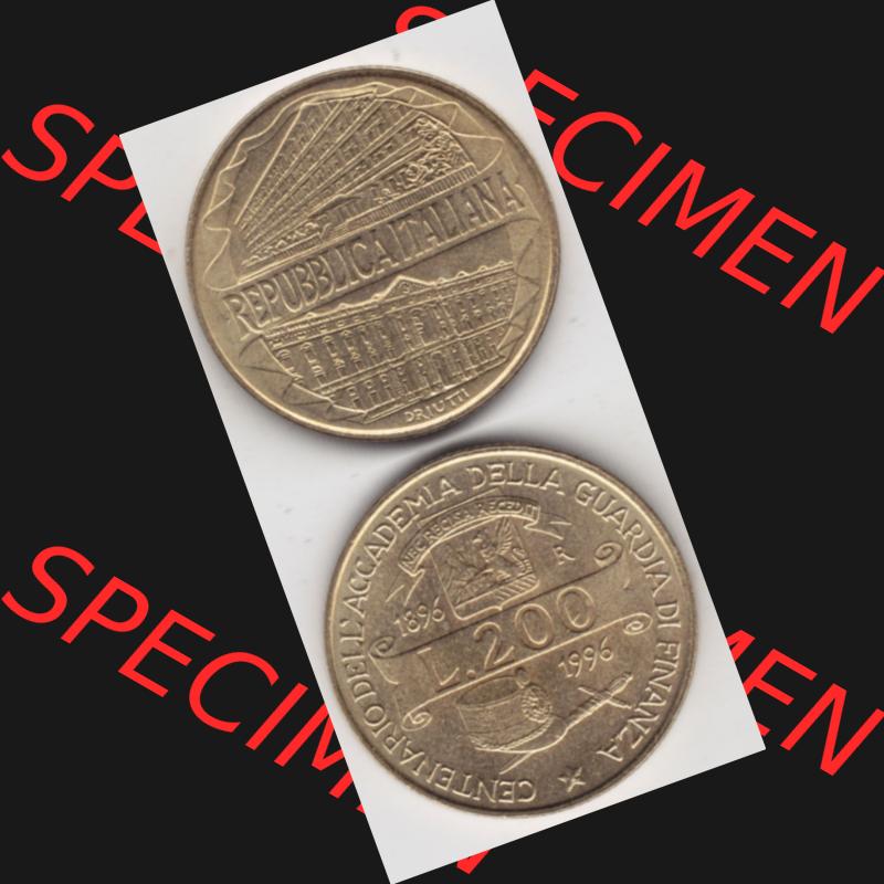 Bildmaterial von Münzen aus Italien / Italia Gedenkmünzen 1996-1996, 200 Lire Zollakademie. Vorderseite und Rückseite vertikal untereinander auf einen digitalen Bild einer... Sammlung