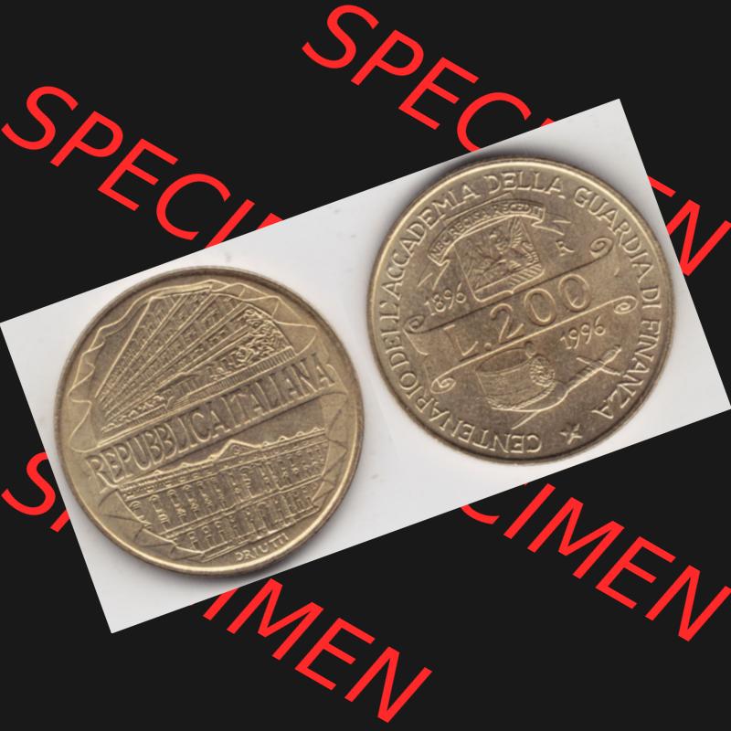 Bildmaterial von Münzen aus Italien / Italia Gedenkmünzen 1996-1996, 200 Lire Zollakademie. Vorderseite und Rückseite horizontal auf einen digitalen Bild einer alten italienischen... Sammlung