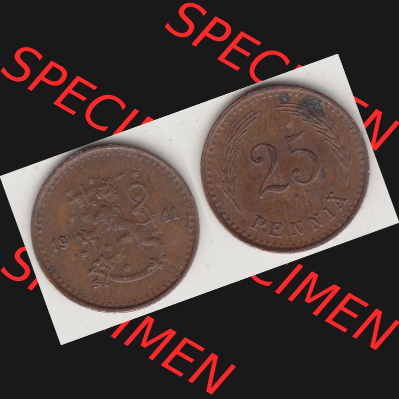 Alte Münzen KMS Finnland, Kursmünzensatz 1940-1943, 25 Penny, Penniä Kupfer 1941-1. Digitales Bild / Bildmaterial mit Vorderseite und Rückseite einer Münze... Sammlung