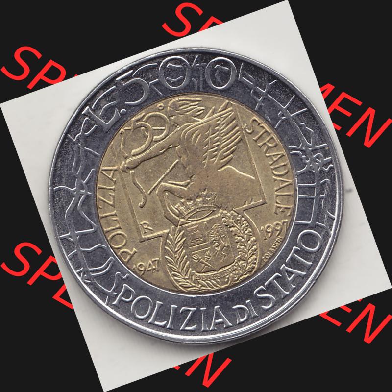 Bildmaterial von Münzen aus Italien / Italia Gedenkmünzen 1997-1997, 500 Lire, 50 Jahre Staatspolizei (1947-1997), POLIZIA DI STATO POLIZIA STRADALE R.... Sammlung