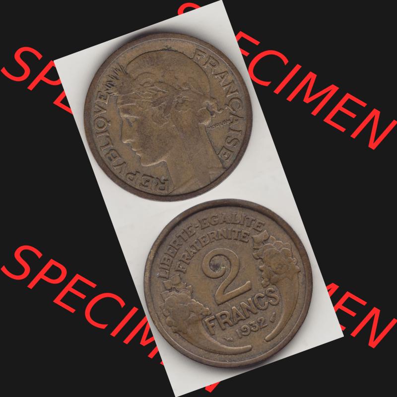Münzen Frankreich Umlaufmünze 1931-1941, 2 Franken 1932-1 LIBERTE EGALITE FRATERNITE. Vorderseite und Rückseite vertikal auf einen digitalen Bild der alten französischen... Sammlung