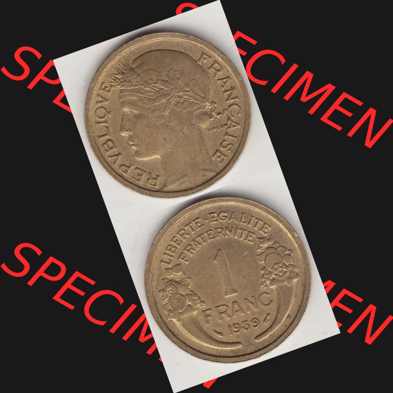 Münzen Frankreich Umlaufmünze 1931-1941, 1 Franken, 1 Franc, 1939-1 LIBERTE EGALITE FRATERNITE. Vorderseite und Rückseite vertikal auf einen digitalen Bild der alten... Sammlung