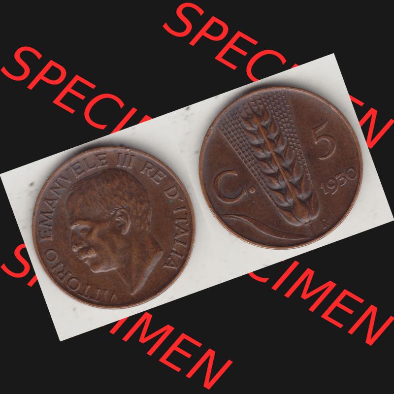 Alte Münzen KMS Italien / Italia, Kursmünzensatz - Zusammenstellung 1908-1943, mit Münze 1919-1937, 5 Centesimi, Cent, Viktor Emanuel III. A.... Sammlung