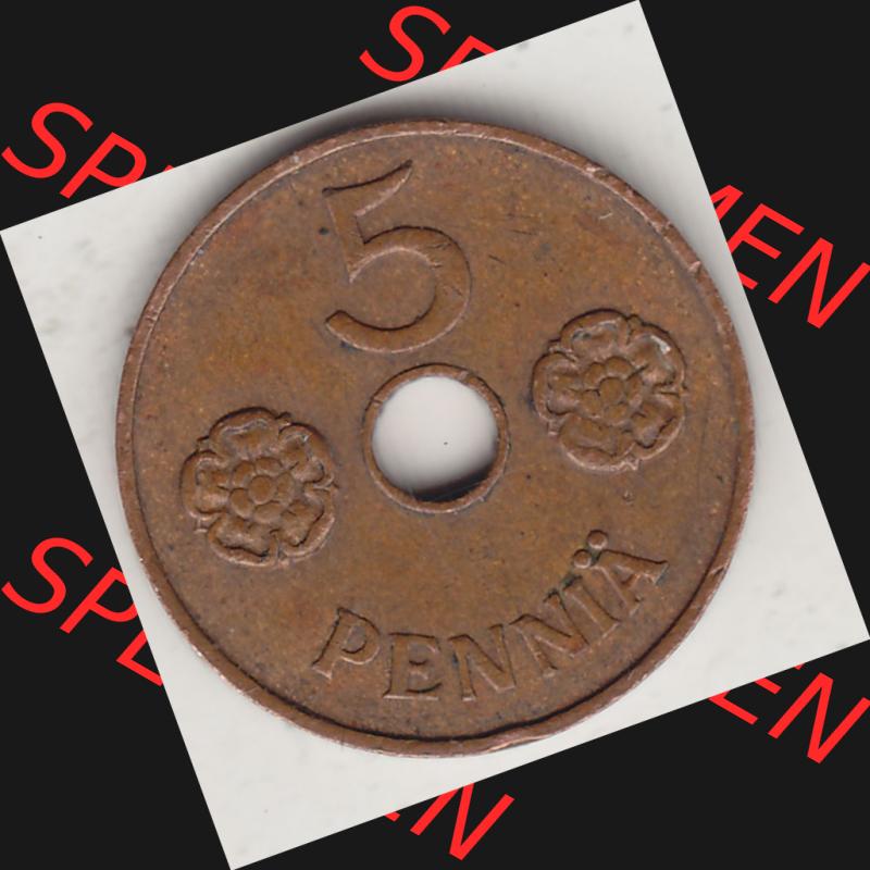 Alte Münzen KMS Finnland, Kursmünzensatz 1941-1943, 5 Penny, Penniä, Kupfer 1941-1. Rückseite mit Wert-Zahl bzw. Nennwert einer Münze aus... Sammlung