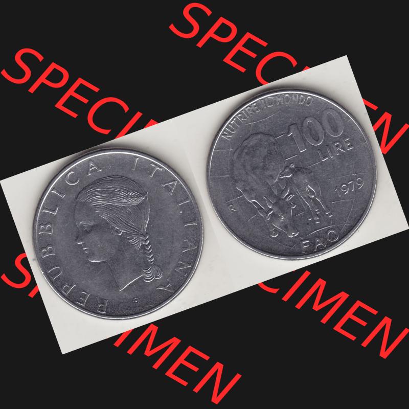 Bildmaterial von Münzen aus Italien / Italia Gedenkmünzen 1979-1979, 100 Lire, Ernährungs- und Landwirtschafts- Organisation der Vereinten Nationen-1. Vorderseite... Sammlung