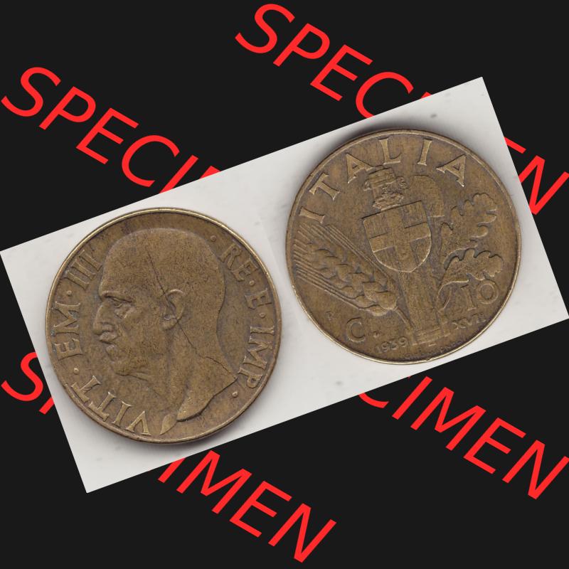 Alte Münzen KMS Italien / Italia, Kursmünzensatz - Zusammenstellung 1908-1943, mit Münze 1939-1943, 10 Centesimi, Cent, Viktor Emanuel III. VITT... Sammlung