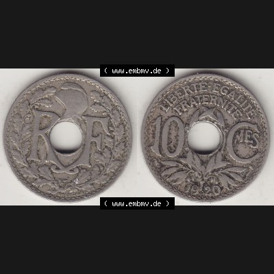 Münzen Frankreich Umlaufmünze Vollansicht 1917-1938, 10 Centimes, 10 CMES EGALITÉ FRATERNITÉ LIBERTÉ 1920-1. Beidseitiges Bildmaterial einer Umlaufmünze... Sammlung