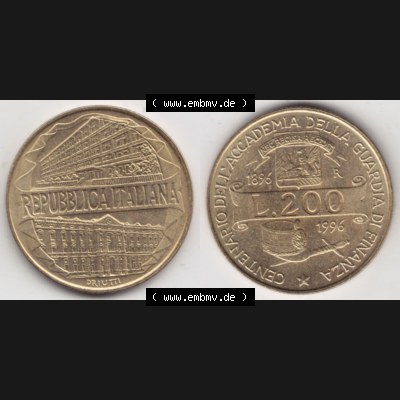 Bildmaterial von Münzen aus Italien / Italia Gedenkmünzen 1996-1996, 200 Lire Zollakademie. Vorderseite und Rückseite horizontal auf einen digitalen Bild einer alten italienischen... Sammlung