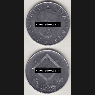 Bildmaterial von Münzen aus Italien / Italia Gedenkmünzen 1974-1974, 100 Lire, 100. Geburtstag von Guglielmo Marconi (1874-1974)-1. Vorderseite und Rückseite... Sammlung