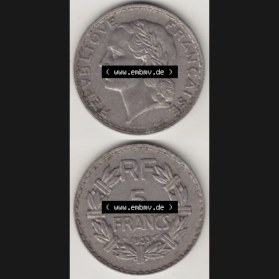 Münzen Frankreich Umlaufmünze 1933-1938, 5 Franken - Francs RF 1933. Vorderseite und Rückseite vertikal auf einen digitalen Bild der alten französischen Umlaufmünze... Sammlung