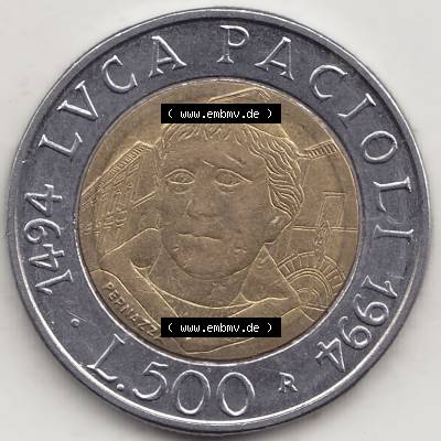 Bildmaterial von Münzen aus Italien / Italia Gedenkmünzen 1994-1994, 500 Lire, 500. Geburtstag von Luca Pacioli (1494-1994)-2. Rückseite einer alten... Sammlung