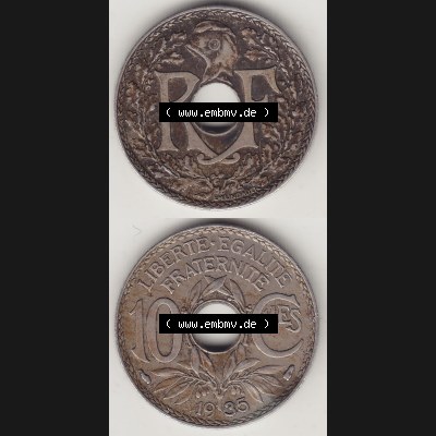 Münzen Frankreich Umlaufmünze 1917-1938, 10 Centimes - Cmes 1935-1. Vorderseite und Rückseite vertikal auf einen digitalen Bild der alten französischen Umlaufmünze... Sammlung